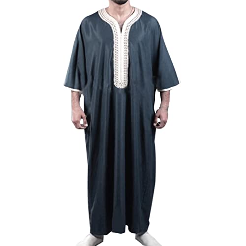 DABASHAN Muslimische Robe Herren Arabische Männer Thobe Halbarm Dubai Robe Islamisch Ramadan Gebetskleidung Lang Abaya Muslim Kaftan (Navy #2, L) von DABASHAN