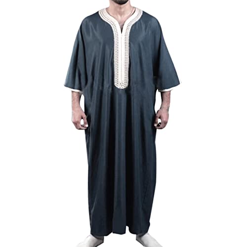 DABASHAN Muslimische Robe Herren Arabische Männer Thobe Halbarm Dubai Robe Islamisch Ramadan Gebetskleidung Lang Abaya Muslim Kaftan (Navy #2, XXXXL) von DABASHAN