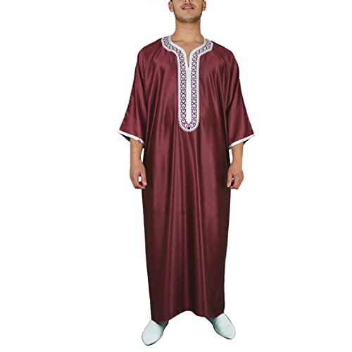 DABASHAN Muslimische Robe Herren Arabische Männer Thobe Halbarm Dubai Robe Islamisch Ramadan Gebetskleidung Lang Abaya Muslim Kaftan (Red #3, XXXXL) von DABASHAN