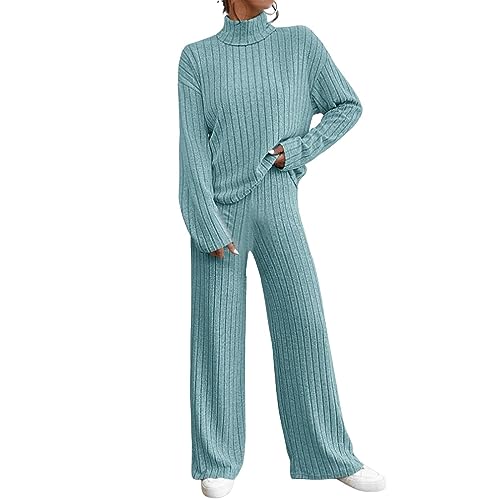 DABASHAN Zweiteiler Damen Strickanzug Langarm Rollkragen Strickpullover Lange Schlaghose Zweiteiler Set Sportanzug Herbst Winter Jogginganzug Freizeitanzug Loungewear (b-Blue, L) von DABASHAN