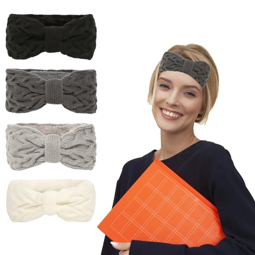 Damen Gestrickt Stirnband Winter Häkeln Stirnbänder Gestrickt Stirnband Verdicken Haarbänder Ohrenwärmer Breit Elastische Headwrap für Frauen Mädchen (3-Black+Grey+White+Dark Gray, One Size) von DABASHAN