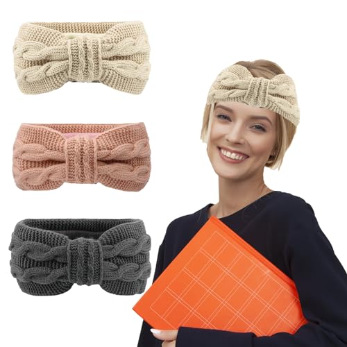 Damen Gestrickt Stirnband Winter Häkeln Stirnbänder Gestrickt Stirnband Verdicken Haarbänder Ohrenwärmer Breit Elastische Headwrap für Frauen Mädchen (4-Beige+Dark Gray+Pink, One Size) von DABASHAN