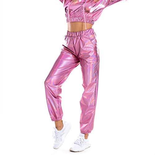 Damen Metallic Glänzend Jogger Holographische Hohe Taille Streetwear Hosen Hip Hop Elastische Hosen Lange Hosen Clubwear Karneval Fasching Kostüme mit Taschen (Pink, XXL) von DABASHAN