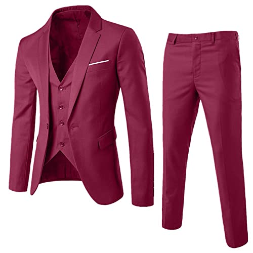 Herren Anzug 3 Teilig Slim Fit Herrenanzug Sakko Weste Hose Knopf Smoking Anzug Klassische Blazer Weste Hosen Set Männer Anzug für Hochzeit Business (Wine-A, M) von DABASHAN