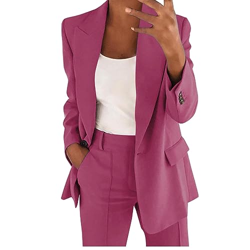 Hosenanzug Damen 2-teilig Elegant Business Anzug Set Slim Fit Blazer und Hose Outfit Einfarbig Revers Casual Sportlich Freizeitanzug Longblazer Lang Hosen Streetwear (Hot Pink-a, L) von DABASHAN