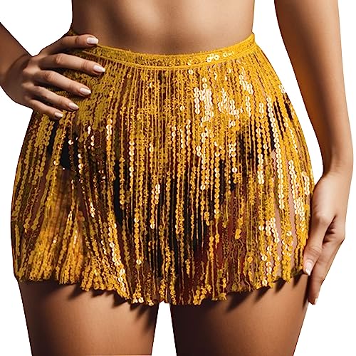 Pailletten Rock Damen Quasten Rock Rave Rock Bauchtanz Mini Rock Karneval Fransen Rock Quastenrock für Damen Mädchen (Gold, M) von DABASHAN