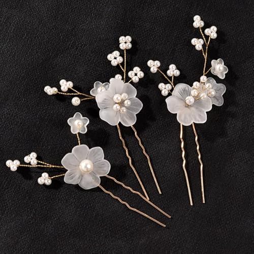 3 stücke Weiße Blume U-förmige Haarnadel Perle Elegante Haar Clips Haar Schmuck Zubehör Für Frauen Hochzeit Kopf Ornamente haarnadeln von DABIN