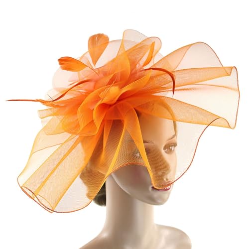 20er Jahre Haarschmuck Fascinator Hüte für Damen Pillbox Hut mit Schleier Stirnband Einer Gegabelten Hut Mesh Federn Stirnband Tea Party Kopfbedeckung Damen Fascinator (Orange, One Size) von DACONGMING