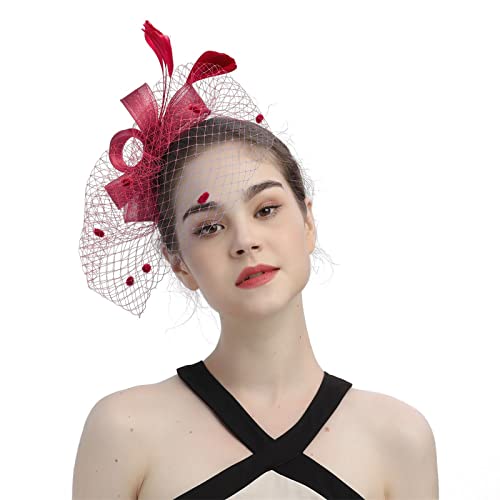 20er Jahre Haarschmuck Fascinator Hüte für Damen Pillbox Hut mit Schleier Stirnband Einer Gegabelten Tea Party Kopfbedeckung Damen Fascinator Hut Mesh Federn Stirnband (C, One Size) von DACONGMING