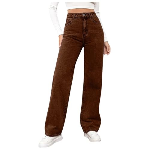 Baggy Jeans Damen Straight Leg High Waist Weites Bein Lang Jeanshosen Leichter Oversize Denimhose mit Knopfleiste Taschen Loose Freizeithose Passform für Wandern (Brown, M) von DACONGMING