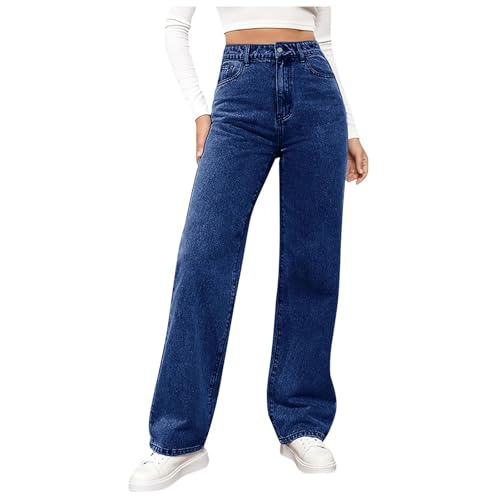 Baggy Jeans Damen Straight Leg High Waist Weites Bein Lang Jeanshosen Leichter Oversize Denimhose mit Knopfleiste Taschen Loose Freizeithose Passform für Wandern (Dark Blue, M) von DACONGMING