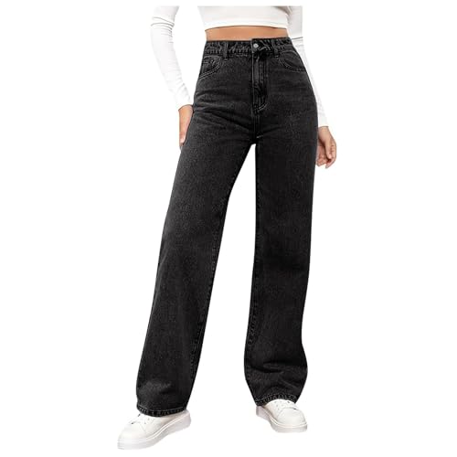 Baggy Jeans Damen Straight Leg High Waist Weites Bein Lang Jeanshosen Leichter Oversize Denimhose mit Knopfleiste Taschen Loose Freizeithose Passform für Wandern (Dark Gray, XL) von DACONGMING