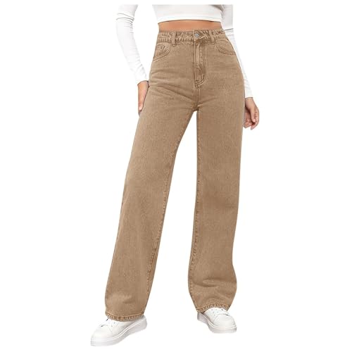 Baggy Jeans Damen Straight Leg High Waist Weites Bein Lang Jeanshosen Leichter Oversize Denimhose mit Knopfleiste Taschen Loose Freizeithose Passform für Wandern (Khaki, XXL) von DACONGMING