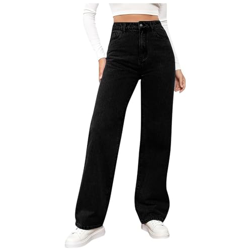 Baggy Jeans Damen Straight Leg High Waist Weites Bein Lang Jeanshosen Leichter Oversize Denimhose mit Knopfleiste Taschen Loose Freizeithose Passform für Wandern (M) von DACONGMING
