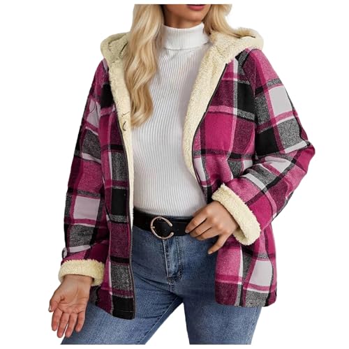 DACONGMING Fleecejacke Damen Teddyjacke Karierte Kapuzenpullover Herbstjacke Warm Herbst Cordjacke Hoodie mit Taschen Wintermantel Stilvoller Fellmantel PlüSchjacke for Winter von DACONGMING