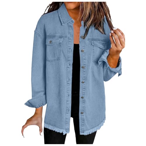 Frühlingsjacke Damen Jeansjacke Volltonfarbe Stretchy Langarm Trucker Jacke übergang Sommerjacken Button Down Streetwear Jacke Freizeitjacke mit Tasche S-XXL (Blue, S) von DACONGMING