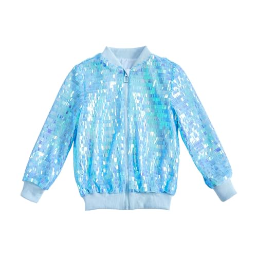DACONGMING Mädchen Pailletten Jacke Kleinkind Glitter Glänzend Zip Up Metallic Mantel Outwear Pullover Herren Teenager (Light Blue #2, 10-12 Years) von DACONGMING