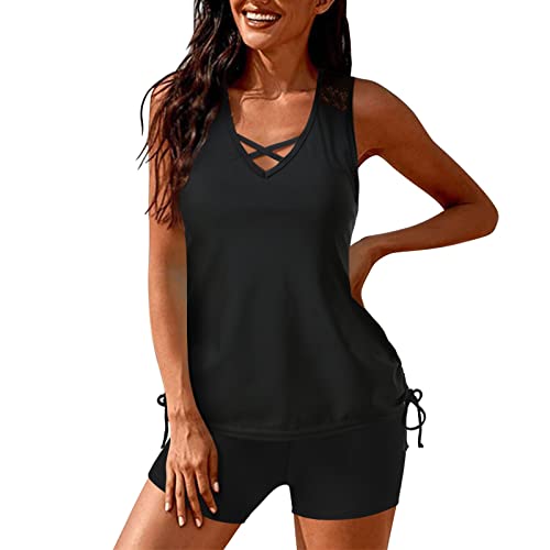 DACONGMING Tankini Damen Bauchweg Set Damen Freizeit Tankini Badeanzug Zweiteiler Tankinis Set Sommer Elegant Badeanzüge für Damen Tankini Oberteil mit Badeshorts (Black-6, L) von DACONGMING