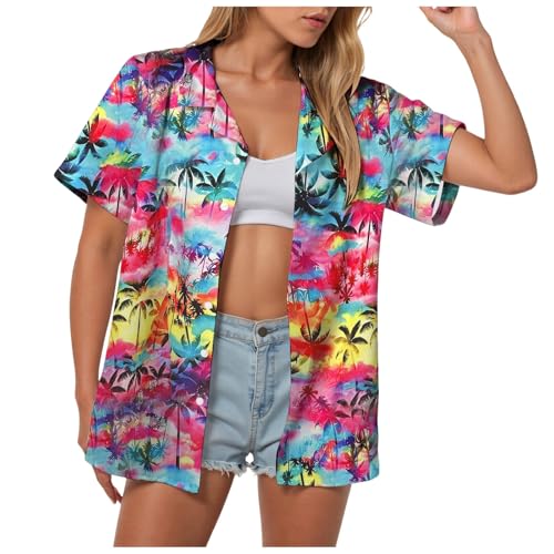Damen Hawaii Hemd Hawaiihemd Frauen Hawaii Outfit Kurzarm Shirt Soft Cool Floral Tropic Print V-Ausschnitt Sommer Strand Tops T-Shirt S-XXL von DACONGMING