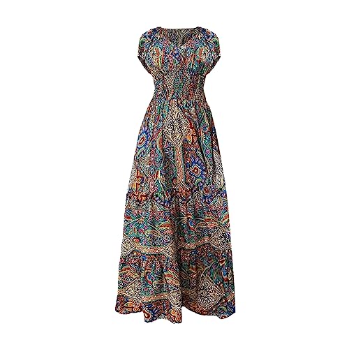 Damen Kurzarm Strandkleid Blumenkleid Boho Kleid V Ausschnitt Elegant Blumen Kleider Freizeitkleid A Linie Lang Maxikleider Sommer Strand Frauen Festlich Cocktail Partykleid (Green, M) von DACONGMING