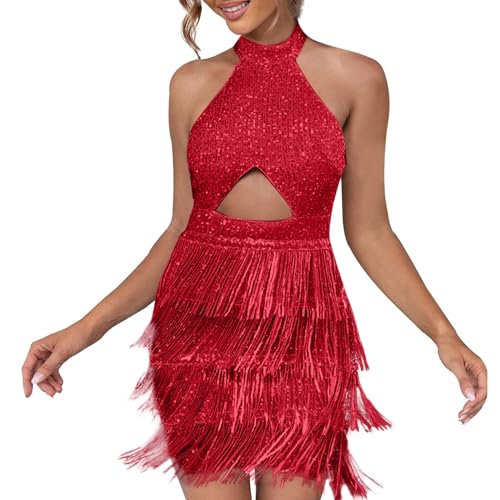 Damen Pailletten Latein Tanzbauch Kleider Tanzkleid Metallic Kleid Glitzer Latin Kleider & Shine Tanzkleid für Party Performance (a-Red, XS) von DACONGMING