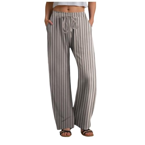 Damenhose mit Hoher Sommer Taille Streifen Leinenhose Damen Lang mit Kordelzug Gerades Bein Strandhose Frauen Elegante Hose Damen Weite Leg Hose Leicht Weite Sommerhose mit Kordelzug Taschen von DACONGMING