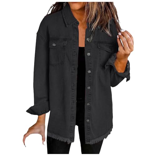Frühlingsjacke Damen Jeansjacke Volltonfarbe Stretchy Langarm Trucker Jacke übergang Sommerjacken Button Down Streetwear Jacke Freizeitjacke mit Tasche S-XXL (Black, XXL) von DACONGMING