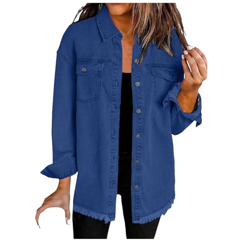 Frühlingsjacke Damen Jeansjacke Volltonfarbe Stretchy Langarm Trucker Jacke übergang Sommerjacken Button Down Streetwear Jacke Freizeitjacke mit Tasche S-XXL (Dark Blue, XXL) von DACONGMING