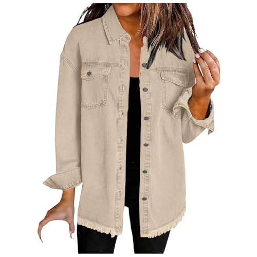 Frühlingsjacke Damen Jeansjacke Volltonfarbe Stretchy Langarm Trucker Jacke übergang Sommerjacken Button Down Streetwear Jacke Freizeitjacke mit Tasche S-XXL (Khaki, XXL) von DACONGMING