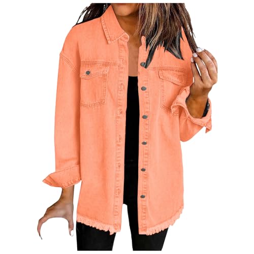 Frühlingsjacke Damen Jeansjacke Volltonfarbe Stretchy Langarm Trucker Jacke übergang Sommerjacken Button Down Streetwear Jacke Freizeitjacke mit Tasche S-XXL (Orange, XL) von DACONGMING