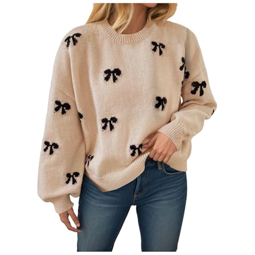 Pullover Damen Casual Strickpullover Winter Rundhals Lose Pulli Warm Outwear Pullover Oberteile Streifen Schleifen Winter Pullis für Frauen Oberteile Langarm Damen Pullover Strickpullover (Khaki, L) von DACONGMING