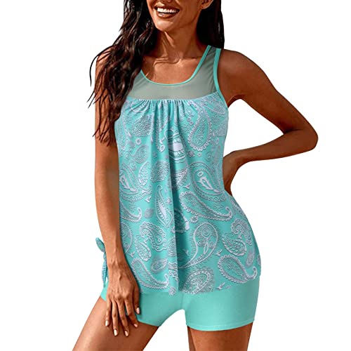 Tankini Damen Bauchweg Set Damen Freizeit Tankini Badeanzug Zweiteiler Tankinis Set Sommer Elegant Badeanzüge für Damen Tankini Oberteil mit Badeshorts (Mint Green-9, XL) von DACONGMING