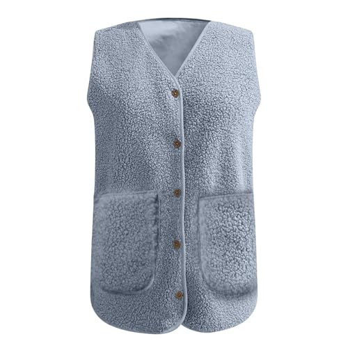 Teddy Fleece Weste Damen Fleeceweste Herbst Winter Warm Ärmellos Fellweste Damen Einfarbig V-Ausschnitt Knöpfen aus Teddyfell von DACONGMING