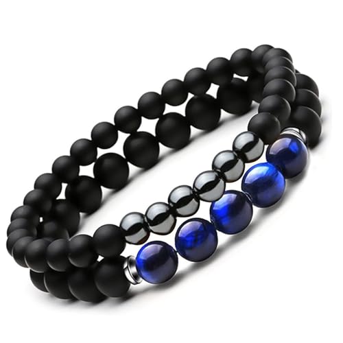 Armbänder Für Damen Und Herren – 8 Mm Natürliches Blaues Tigerauge-Steinperlen-Armband, Mehrschichtiges Schwarzes, Glattes Steinarmband Für Damen, Schönes Stretch-Armband Für Herren, Damen, M von DACRWEKZ