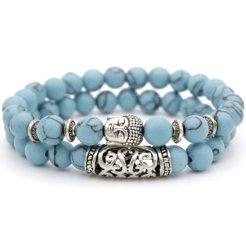 Armbänder Für Damen Und Herren – Natürliches Blaues Türkis, 8 Mm Perlenarmband, Mehrschichtiges Silbernes Buddha-Anhänger-Stretch-Armband Für Damen Und Herren, Ihn, Freund, Ehemann, Wie Abgeb von DACRWEKZ