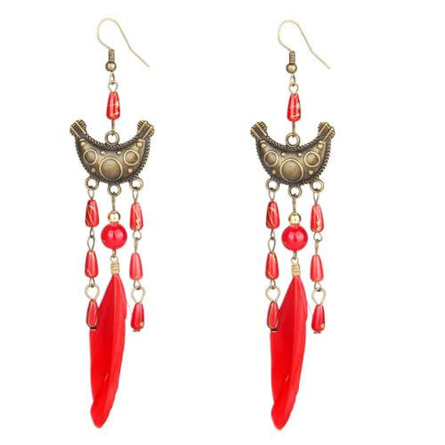 Böhmische Feder-Ohrringe Für Damen – Rote Perlen-Feder-Ohrringe Im Retro-Ethno-Stil Mit Quasten, Böhmische Einfache Lange Ohrringe Für Damen Und Mädchen, Schmuck, Geschenke, Muttertag, Wie Abg von DACRWEKZ