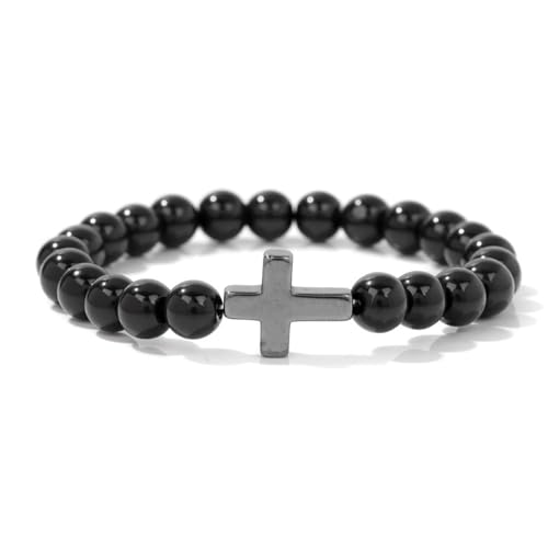 DACRWEKZ Armbänder Für Damen Und Herren – 8 Mm Natürliche Schwarze Achat-Steinperlen, Armbänder, Schwarze Kreuzsteine, Stretch-Armbänder, Natürliche Edelstein-Perlen, Armband Für Damen Und Mädchen, von DACRWEKZ