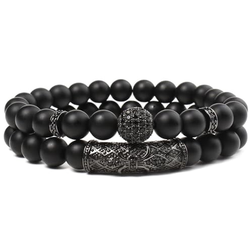 DACRWEKZ Armbänder Für Damen Und Herren – Schwarze Zirkonia-Gravur, 8 Mm, Perlenarmbänder Für Damen, Natürlicher Schwarzer Mattierter Stein, Stretch-Armband Für Herren, Damen, Mädchen, Schmuck, Wie A von DACRWEKZ