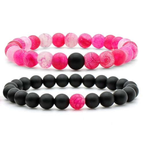 DACRWEKZ Armbänder Für Frauen – Rosa Achatstein, 8 Mm Perlenarmband, Mehrschichtiges Natürliches Schwarzes Glattes Steinarmband Für Frauen, Schönes Stretch-Armband Für Männer, Frauen, Mädchen, Schmu von DACRWEKZ