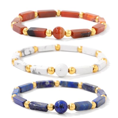 DACRWEKZ Natürliches Edelsteinperlen-Armband Für Damen, Geometrisches Lapislazuli-Armband, Natürliches Weißes Türkis-Rot-Türkis-Armband, Mehrschichtiges Dehnbares Armband Für Damen, Mädchen, Herren von DACRWEKZ