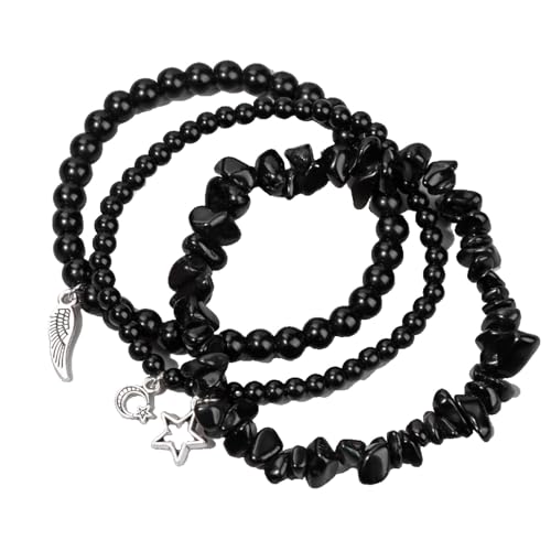 DACRWEKZ Unregelmäßige Natürliche Schwarze Gallensteinperlen-Armbänder, Silbernes Stern- Und Mond-Anhänger-Armband Für Paare, 19 Cm, Mehrschichtige Perlen-Armbänder Für Frauen, Männer, Ihn, Freund, von DACRWEKZ