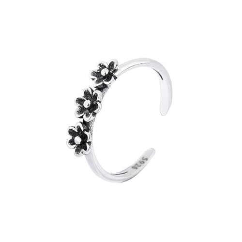 Handgefertigte Ringe Für Mädchen – S925, Stilvolle Schwarze Blumen, Offene Ringe, Retro-Intarsien Mit Drei Kleinen Blumen, Verstellbare Daumen-Damenringe, Geschenk Für Frauen, Geburtstag, Neuhei von DACRWEKZ