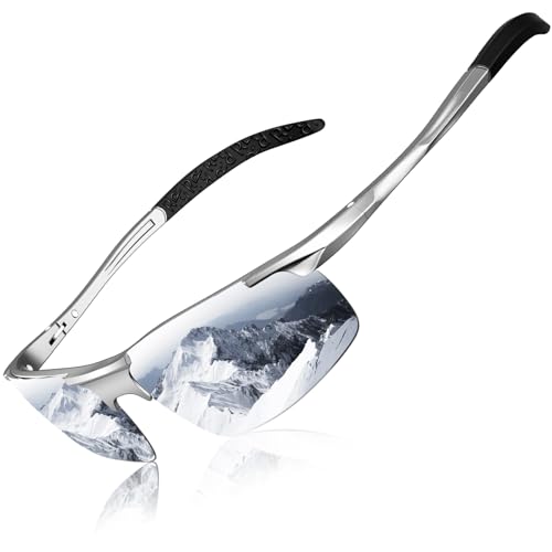 DADA-PRO Sonnenbrille Herren Polarisiert Fahrradbrille Sportbrille Verspiegelt Fahrerbrille mit Metallrahmen Ultraleichte UV400 Schutz 8177 (Silber Neu) von DADA-PRO