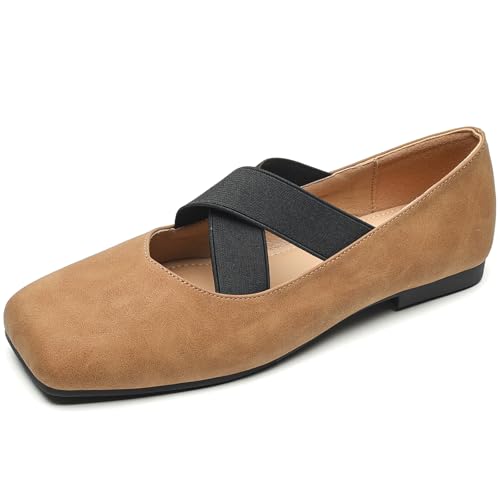 DADAWEN Damen Ballerinas mit Eckige Zehenkappe Niedrigem Absatz Kleid Mary Jane Schuhe,Braun,38 EU von DADAWEN