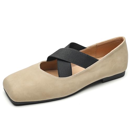 DADAWEN Damen Ballerinas mit Eckige Zehenkappe Niedrigem Absatz Kleid Mary Jane Schuhe,Khaki,37 EU von DADAWEN