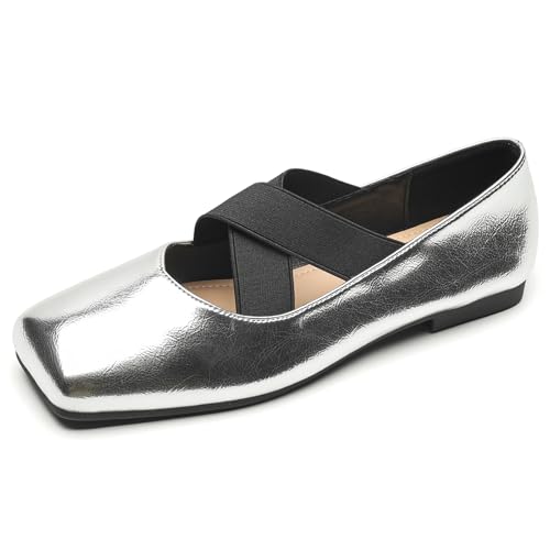 DADAWEN Damen Ballerinas mit Eckige Zehenkappe Niedrigem Absatz Kleid Mary Jane Schuhe,Silber,40 EU von DADAWEN