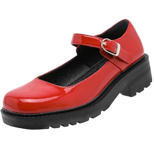 DADAWEN Damen Chunky Plattform Mary Janes Schuhe Schnalle Riemen Süß Lolita Pumps,Rot,40 EU von DADAWEN