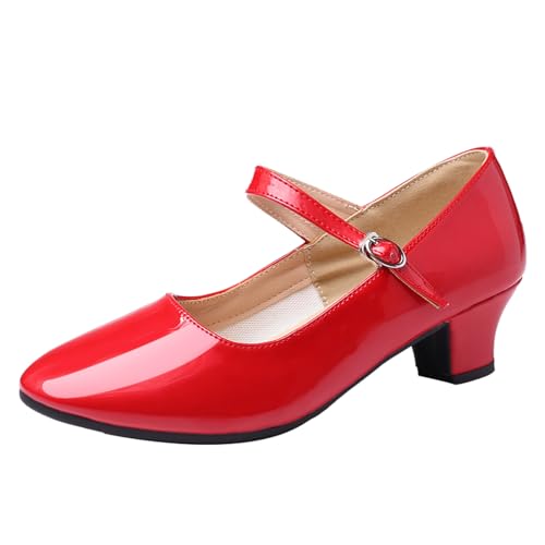 DADAWEN Damen Niedrige Ferse Knöchelriemen Mary Jane Oxford Schuhe Spitzen Zehe Latein Ballroom Tanzschuhe,Rot,49 EU von DADAWEN