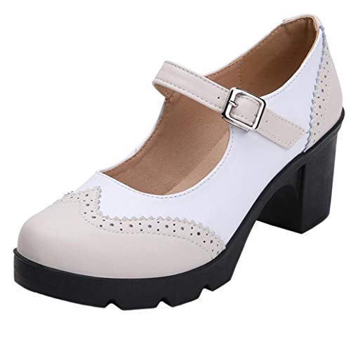 DADAWEN Damen Pumps Plateau Blockabsatz Oxfords Mary Jane Halbschuhe Klassiker Kleid Schuhe,Beige,42 EU von DADAWEN