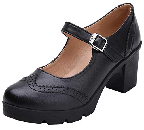 DADAWEN Damen Pumps Plateau Blockabsatz Oxfords Mary Jane Halbschuhe Klassiker Kleid Schuhe,Schwarz,39 EU von DADAWEN